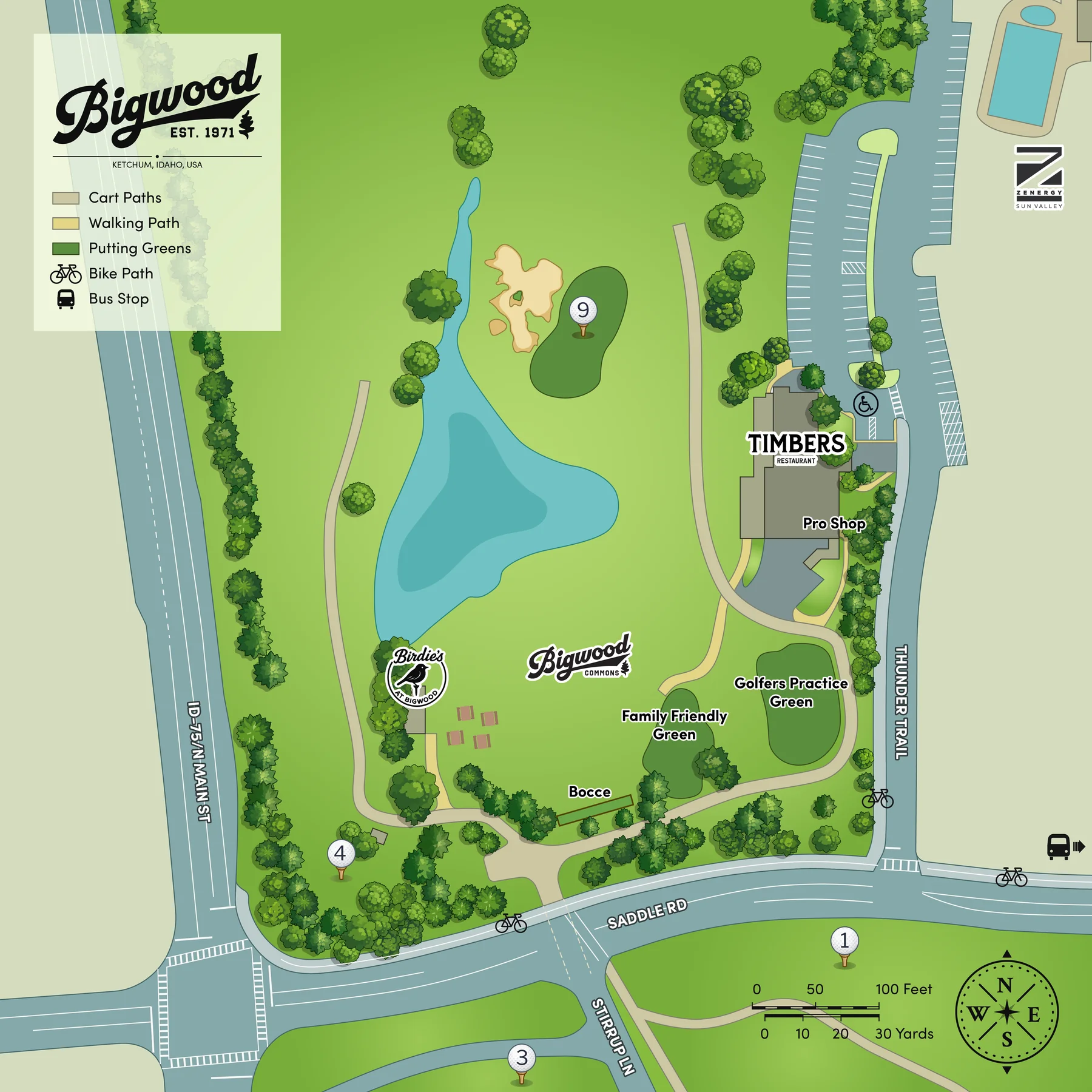 Illustrated map of Bigwood Golf Course showing Timbers, Birdie's, putting green, bocce, and family-friendly green