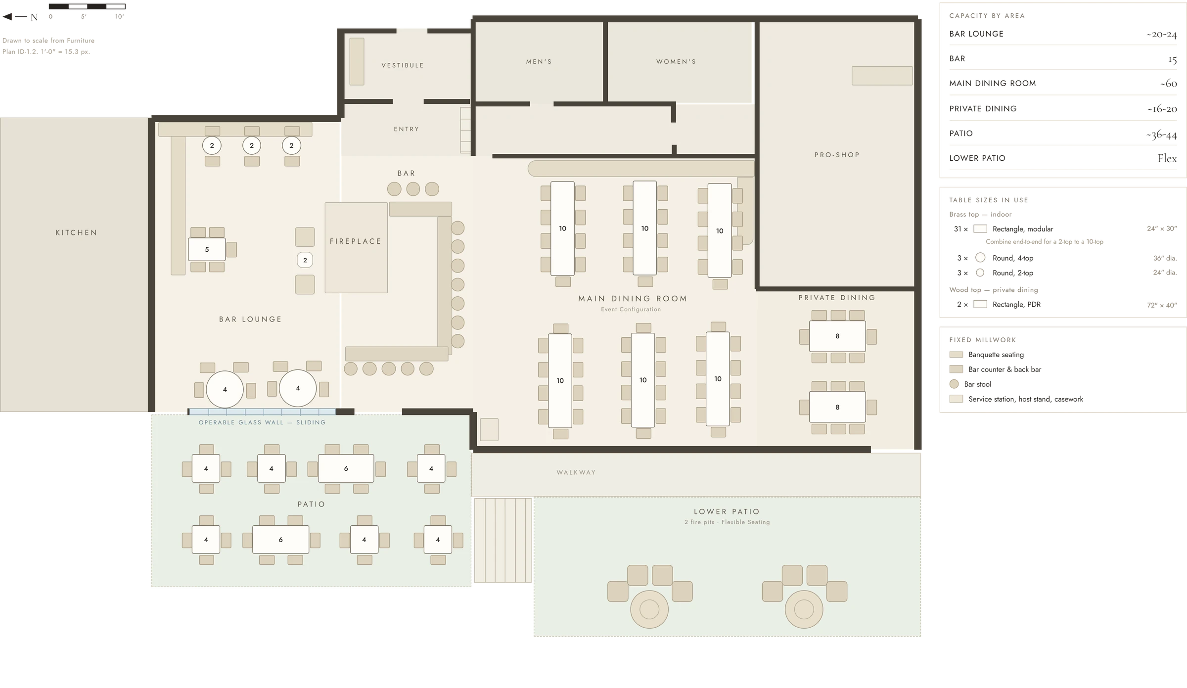 Floor plan of Timbers at Bigwood showing the main dining room, private dining, bar lounge, bar, entry, patio and lower patio with seating counts, plus capacity by area, the table sizes in use, and millwork